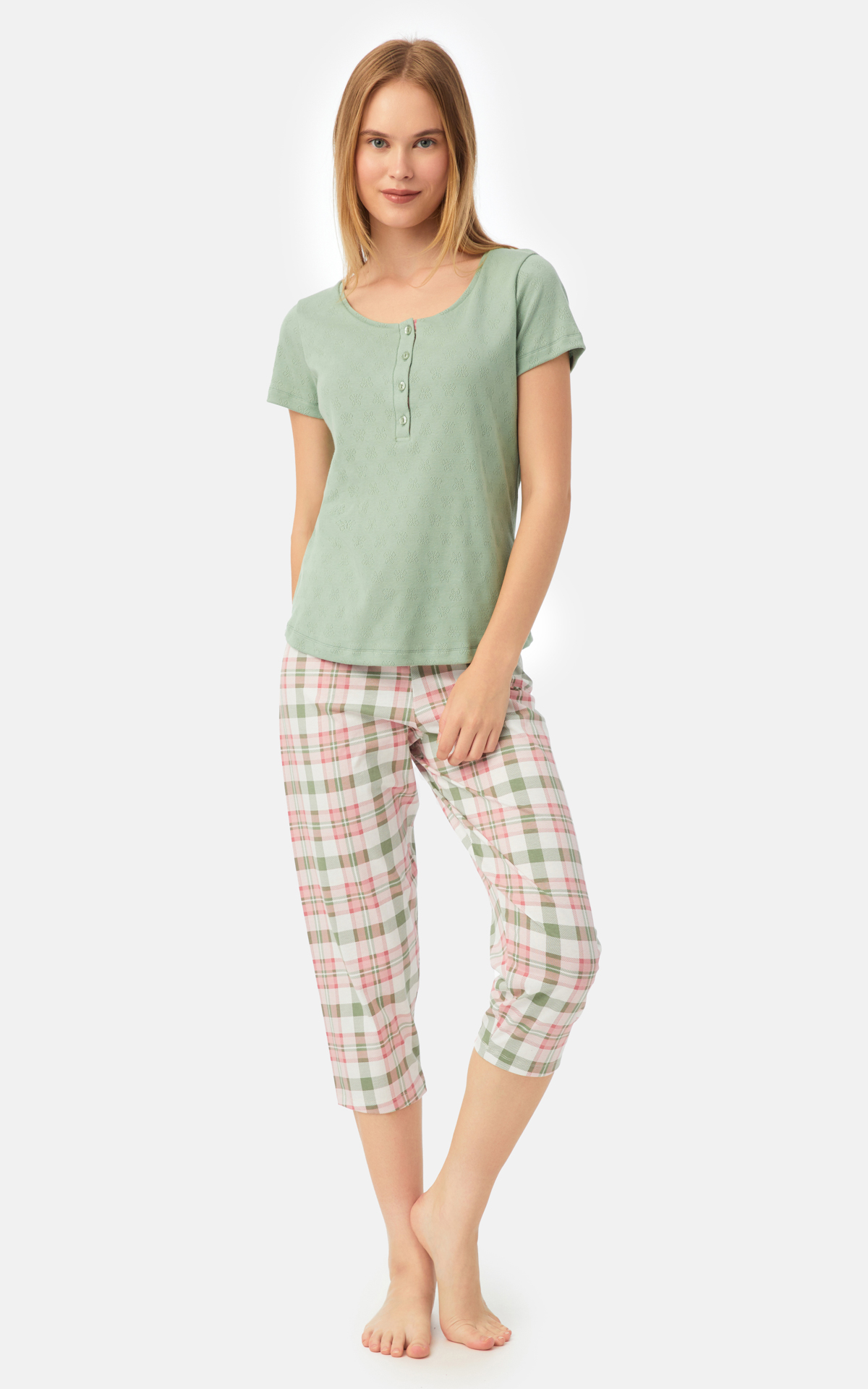 90-52547_438-01 Pointelle Κοντομάνικη Κάπρι Γυναικεία Πυτζάμα με πατιλέτα - Image 1