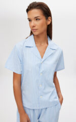 Ριγέ Popline Κουμπωτή Κοντομάνικη Γυναικεία Πυτζάμα - Image 2