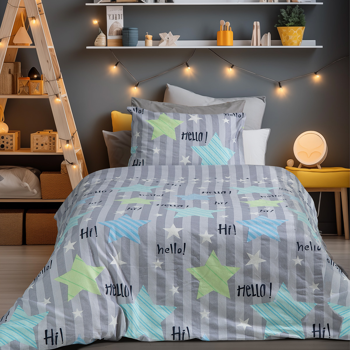 6321 Beauty Home Σετ σεντόνια φανελένια μονά Hello Art 6321 170x260 Γκρι,Μπλε - Image 1