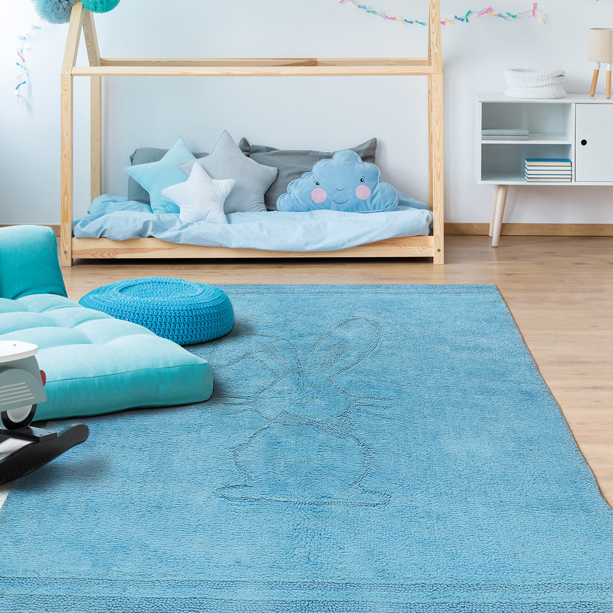 Modern,Rocking,Toy,And,Blue,Mattress,On,White,Carpet,In Beauty Home Χαλί βαμβακερό Cottony Art 9551 Σιέλ - Image 1