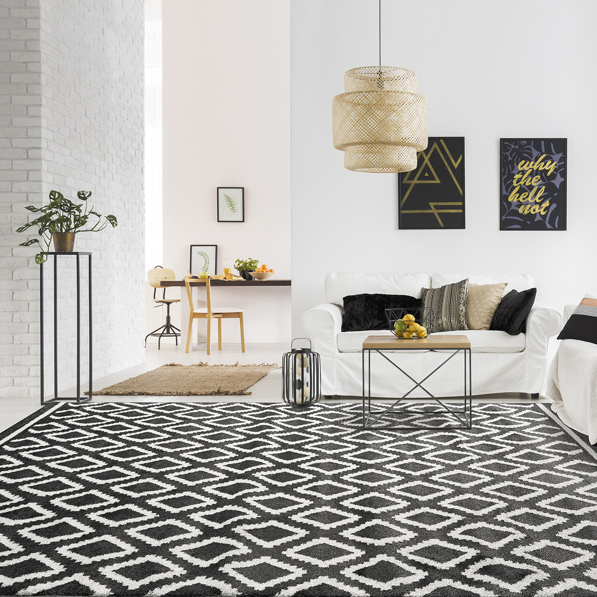 Apartment,With,White,Brick,Wall,,Sofa,,Table,And,Pattern,Rug Beauty Home Πατάκι Vibe Art 9577 67x150 Stone White Ανθρακί Λευκό - Image 1