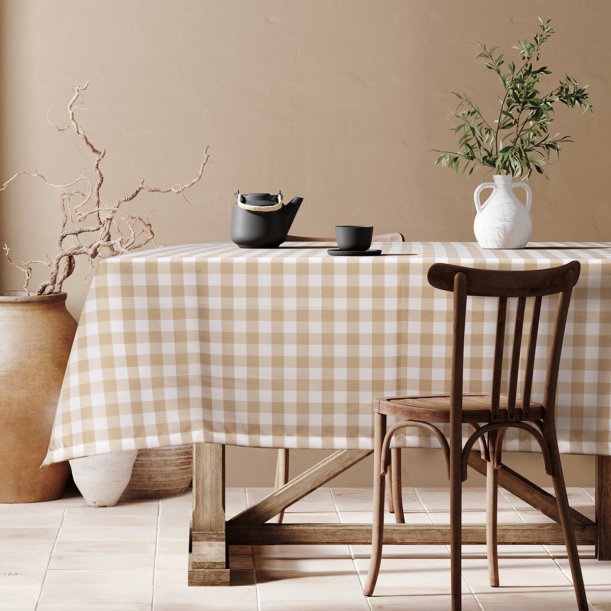 Mediterranean,Interior,Template.,Wall,Mockup,,Chair,,Table,And,Terracotta,Pottery Beauty Home Επαγγελματικό τραπεζομάντηλο Checks Art Ε8033 145x180 Μπεζ - Image 1
