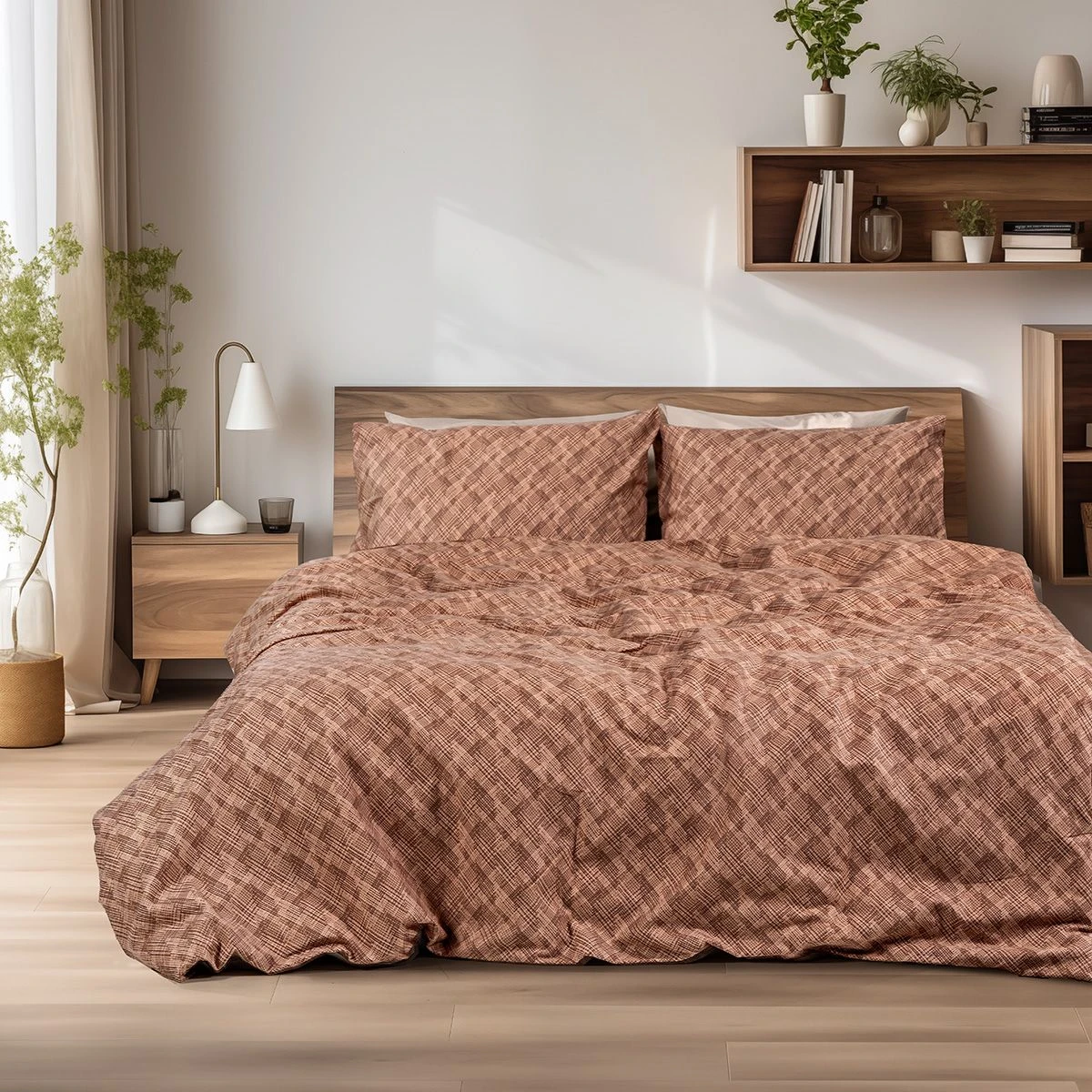 Beauty Home Σετ σεντόνια φανελένια υπέρδιπλα με λάστιχο Frida Art 12336 170x200+32 Κεραμιδί