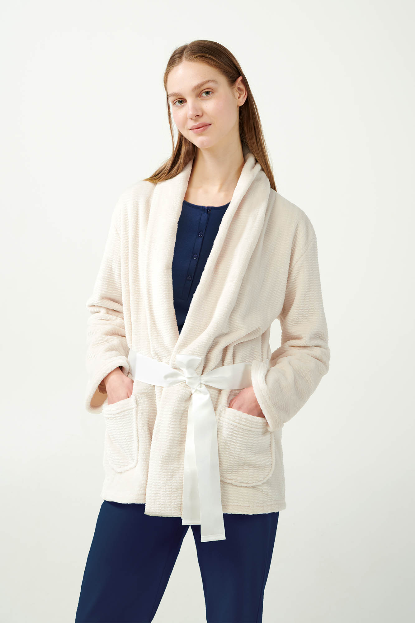 Υπόλευκη Σταυρωτή Fleece Ρόμπα