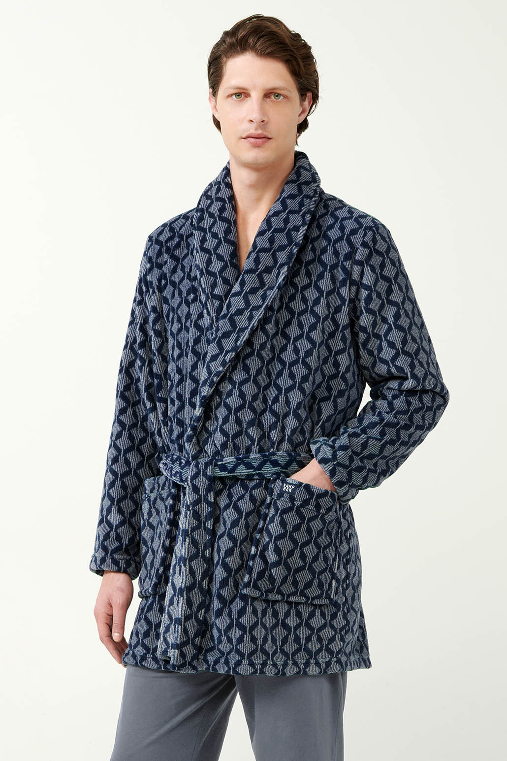 Σταυρωτή Fleece Ρόμπα με Γεωμετρικό Μοτίβο Ρόμβων