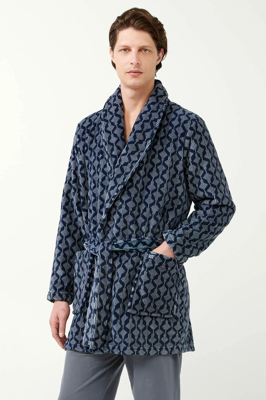 Σταυρωτή Fleece Ρόμπα με Γεωμετρικό Μοτίβο Ρόμβων
