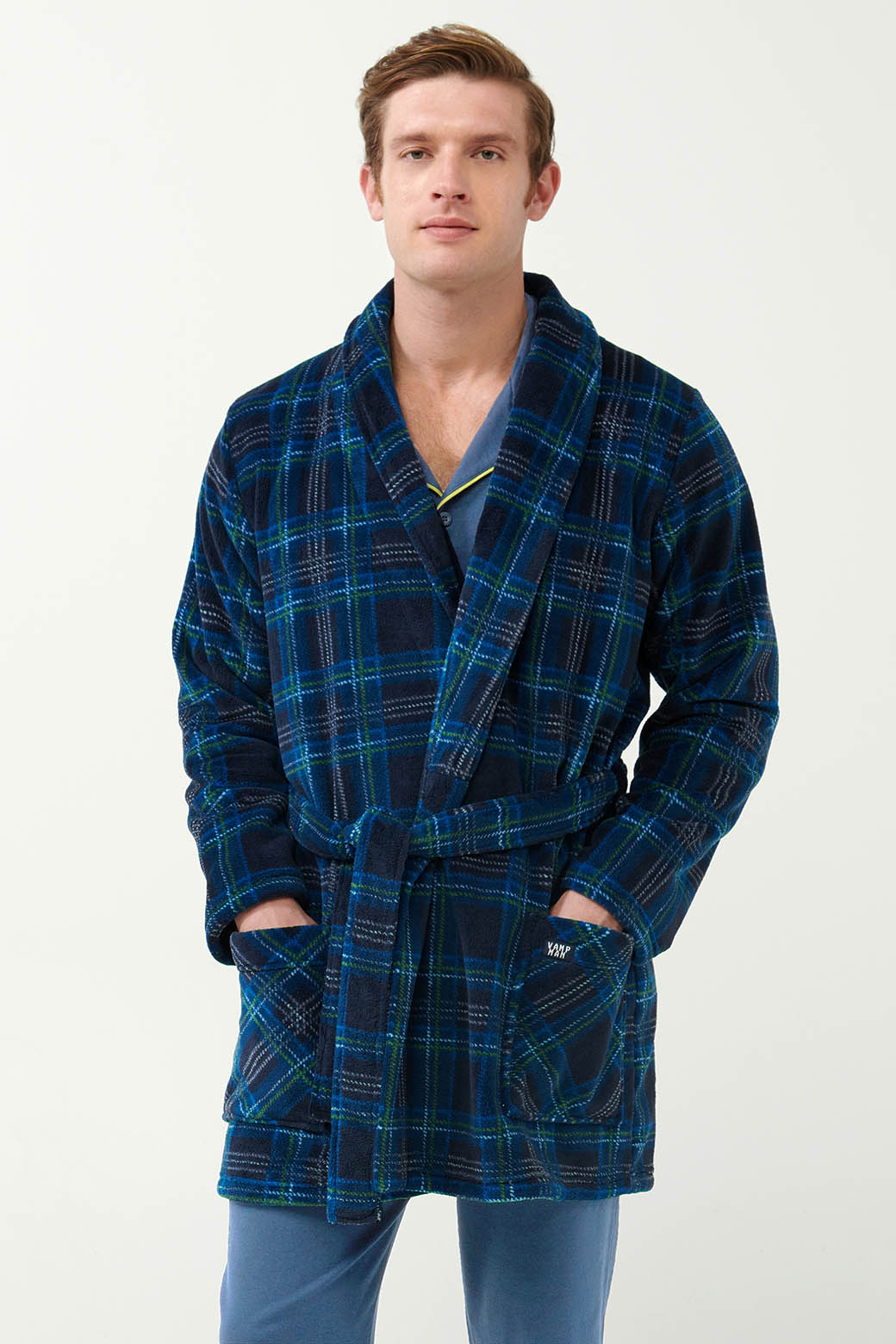 Σταυρωτή Fleece Ρόμπα με Ταρτάν Μοτίβο