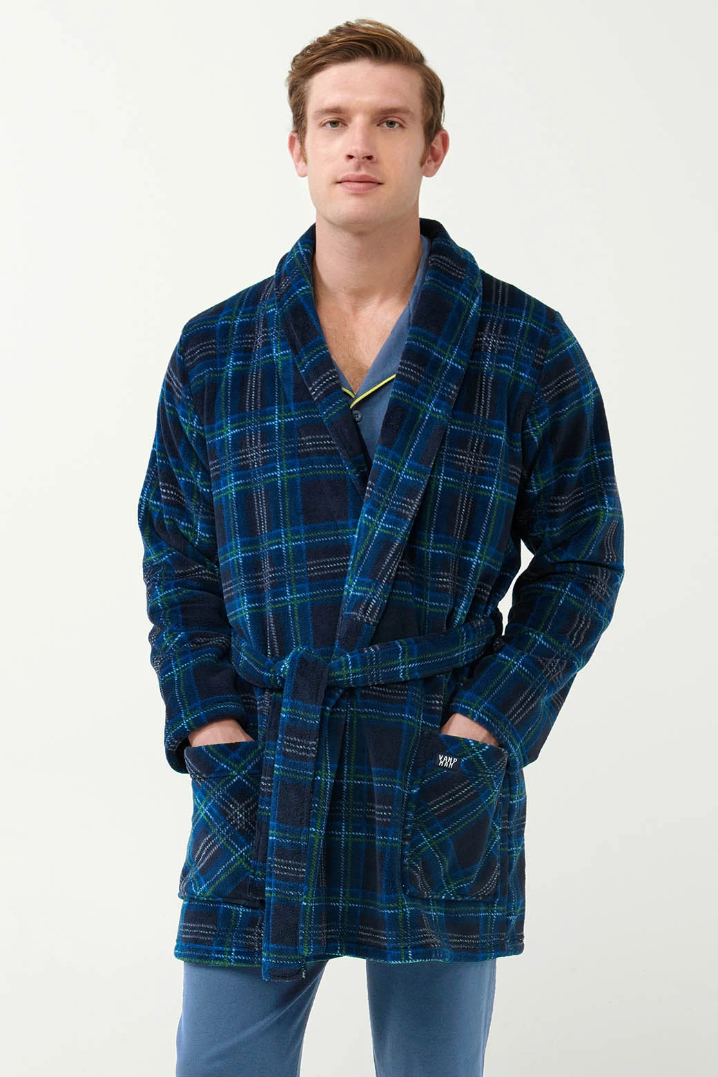 Σταυρωτή Fleece Ρόμπα με Ταρτάν Μοτίβο