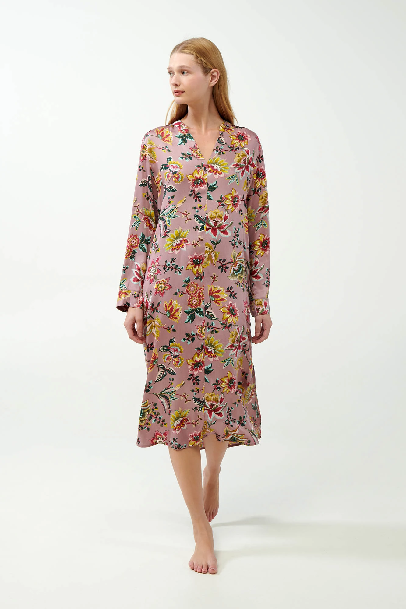1_0423811090 Viscose Satin Κουμπωτό Φλοράλ Νυχτικό
