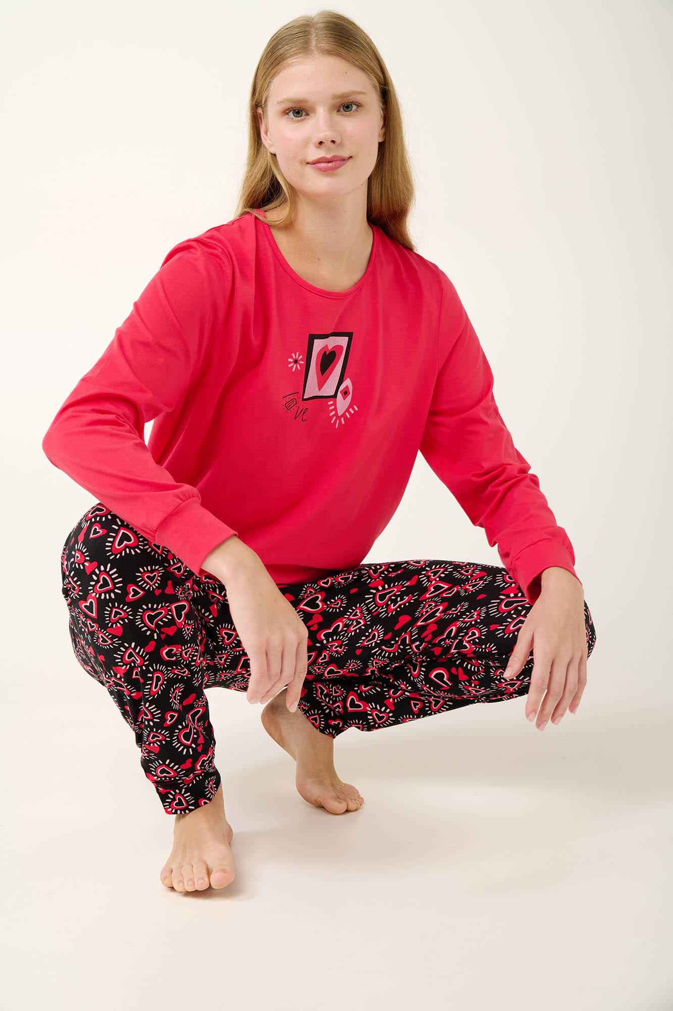 Βαμβακερές Γυναικείες Πυτζάμες με Τύπωμα Καρδιές