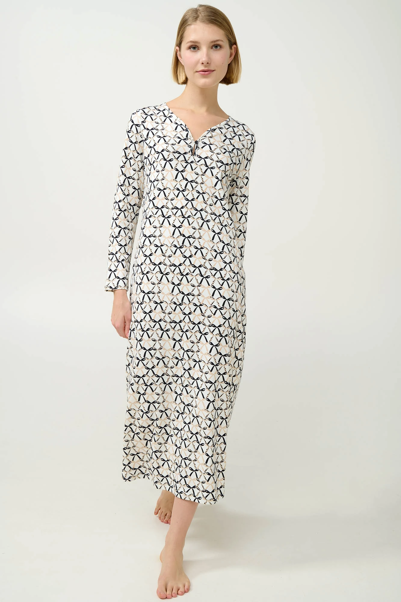 Μακρύ Βαμβακερό Νυχτικό με Φιόγκους