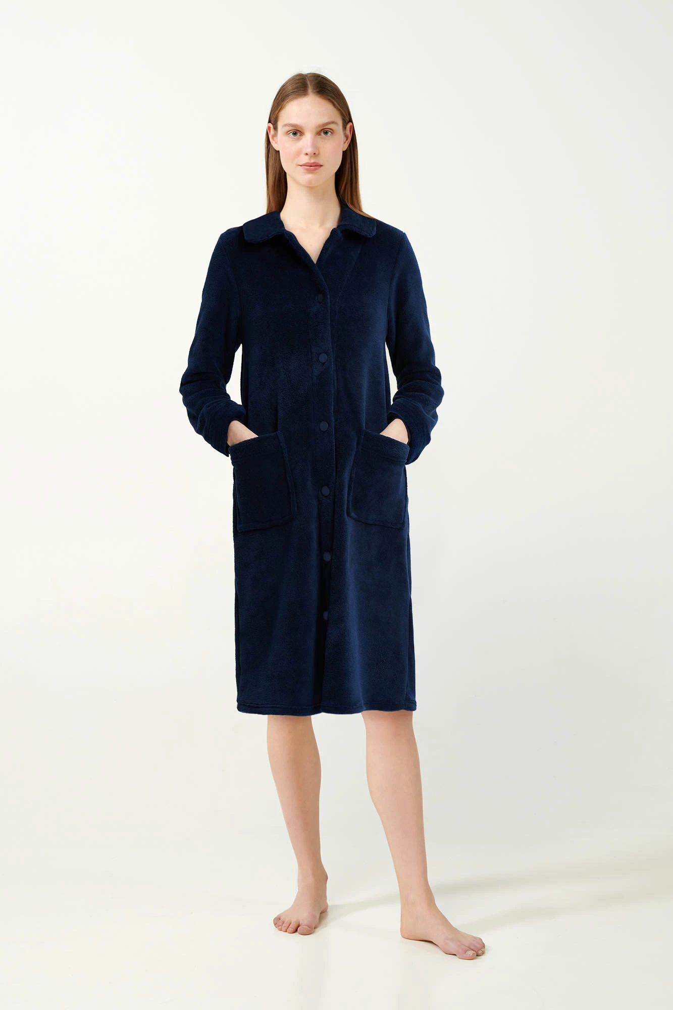 1_0557607066 Μακριά Mονόχρωμη Fleece Ρόμπα με Κουμπιά