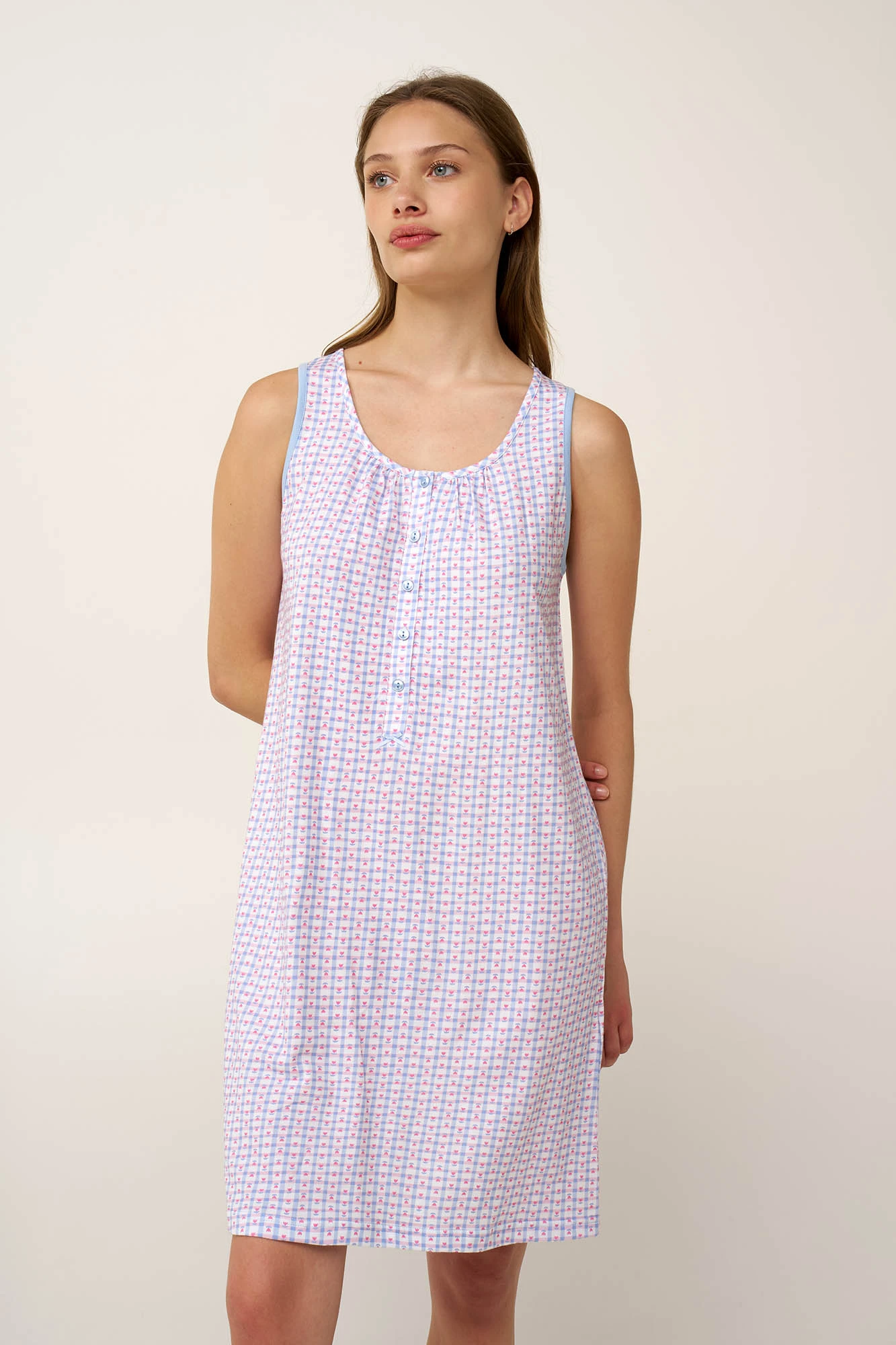 1_0711476883 Καρό Βαμβακερό Νυχτικό με Πατιλέτα