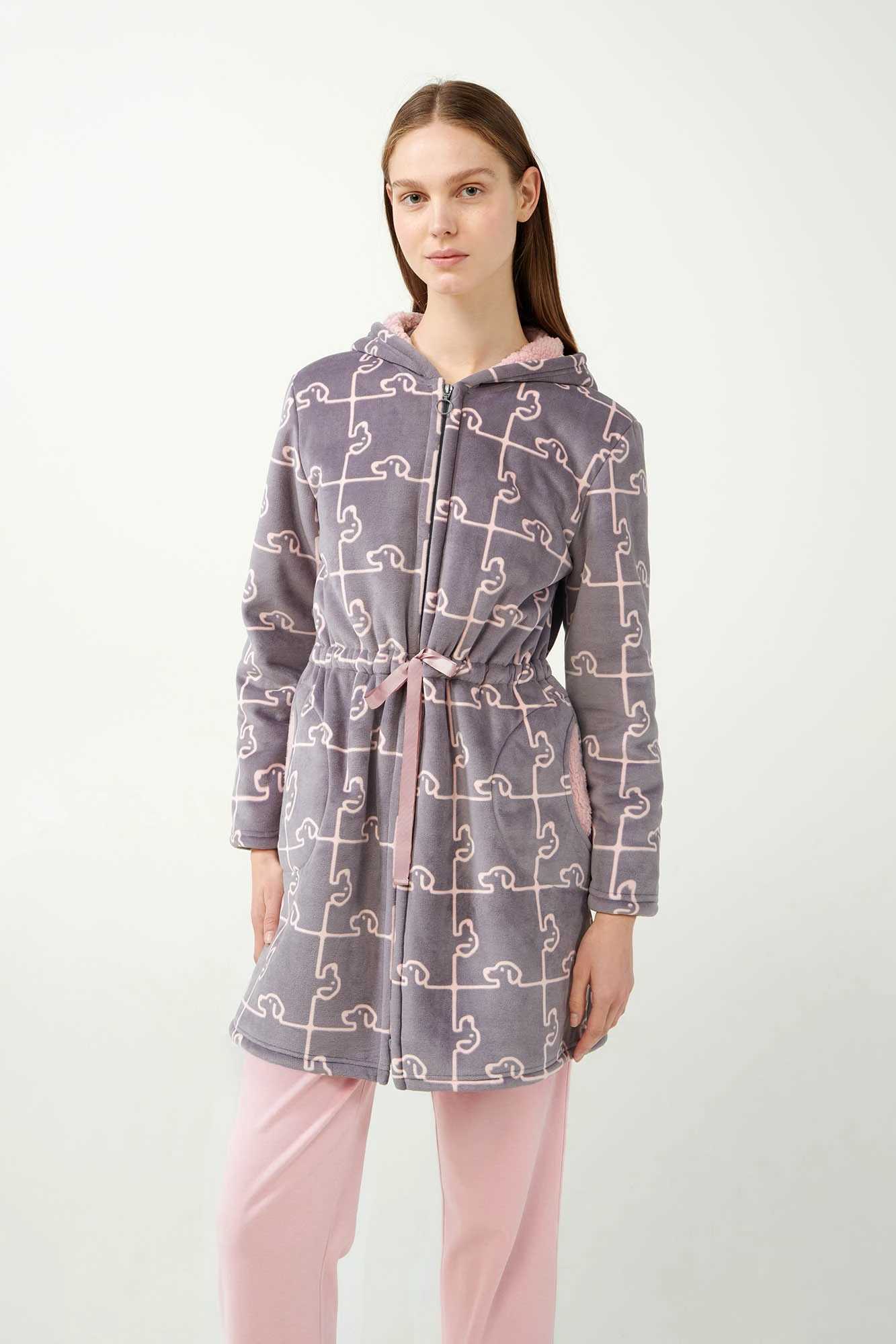 Fleece Ρόμπα με Σκύλο-Παζλ Μοτίβο