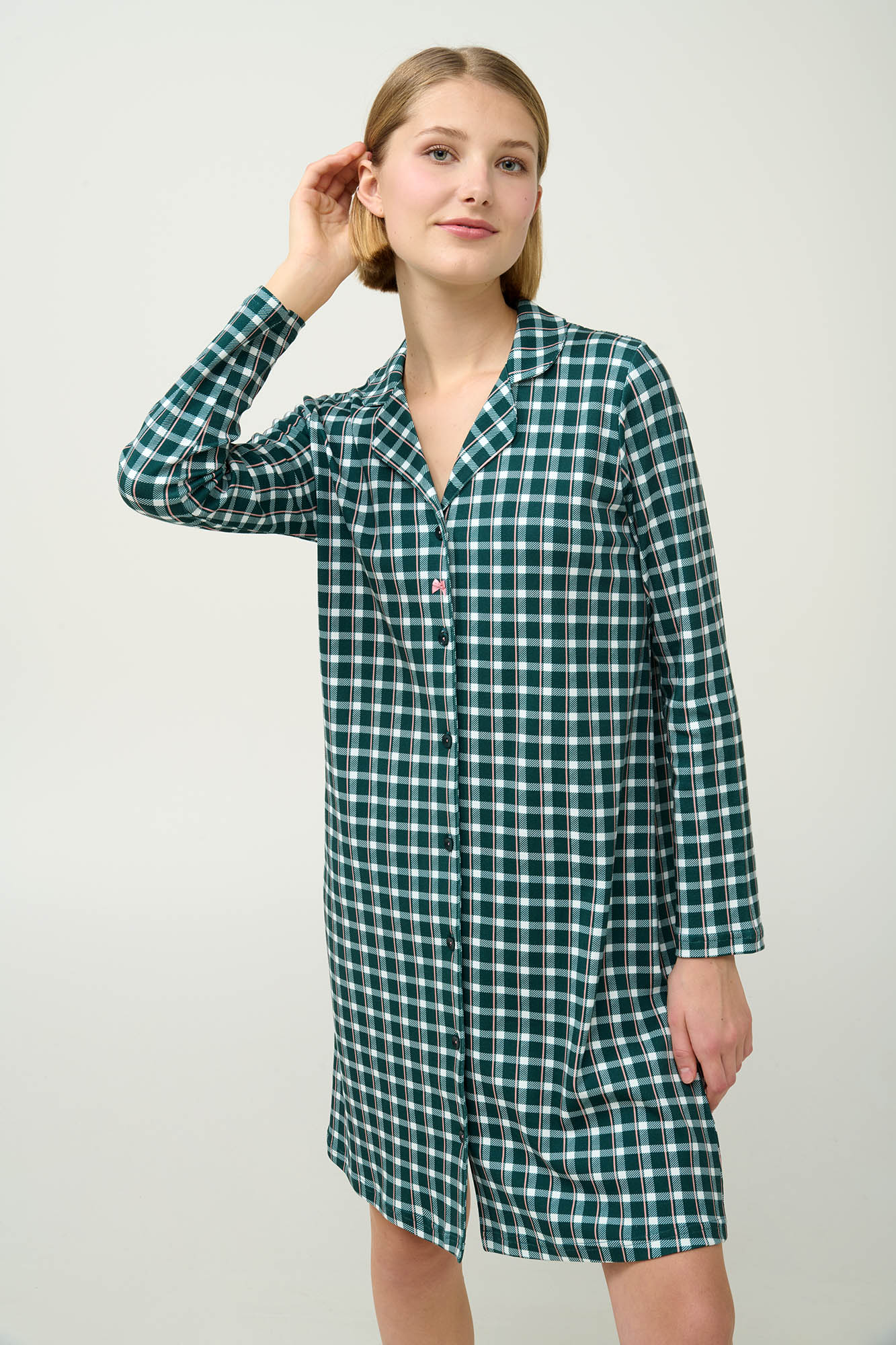Βαμβακερό Καρό Νυχτικό με Κουμπιά