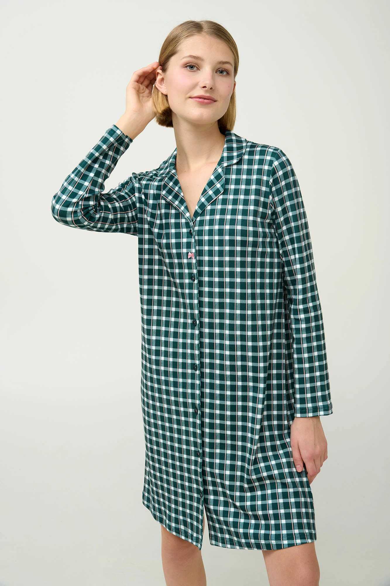 Βαμβακερό Καρό Νυχτικό με Κουμπιά
