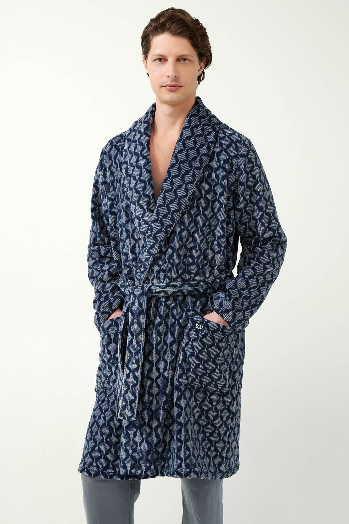 Μακριά Σταυρωτή Fleece Ρόμπα με Γεωμετρικό Μοτίβο Ρόμβων