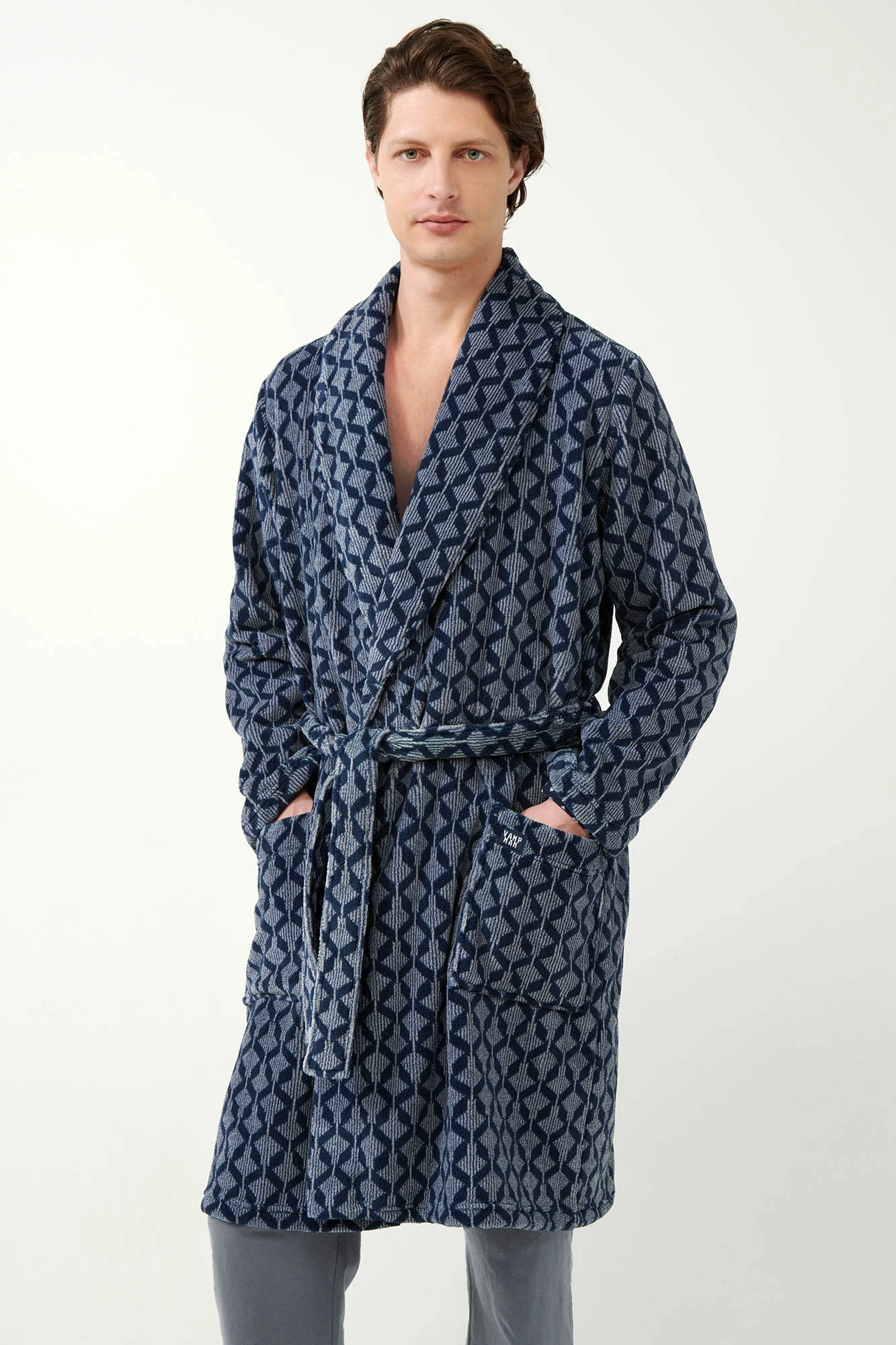1_0802680193 Μακριά Σταυρωτή Fleece Ρόμπα με Γεωμετρικό Μοτίβο Ρόμβων