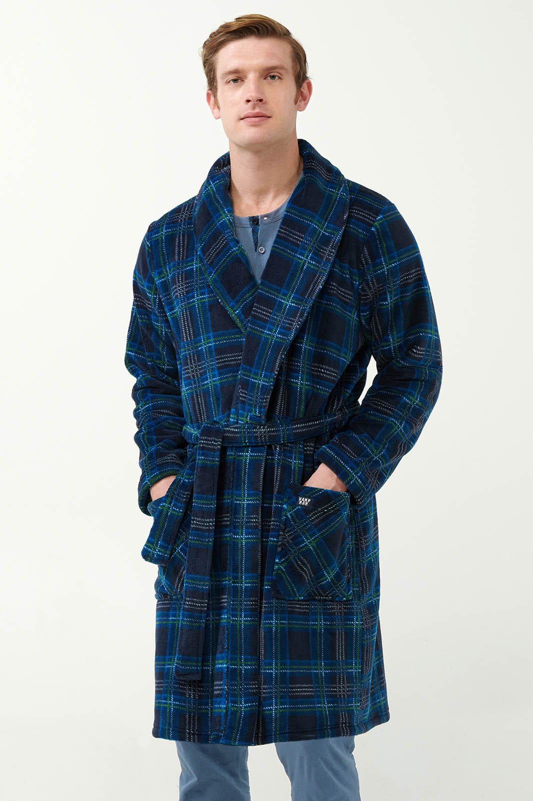 Μακριά Σταυρωτή Fleece Ρόμπα με Ταρτάν Μοτίβο