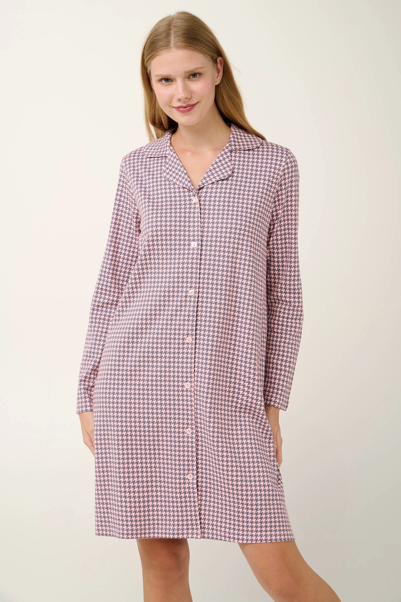 Interlock Κουμπωτό Νυχτικό με Houndstooth Μοτίβο