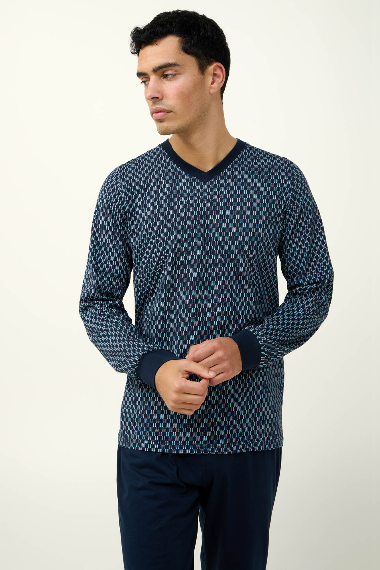 2_0333192200 Ανδρική Βαμβακερή Πυτζάμα με V Λαιμόκοψη