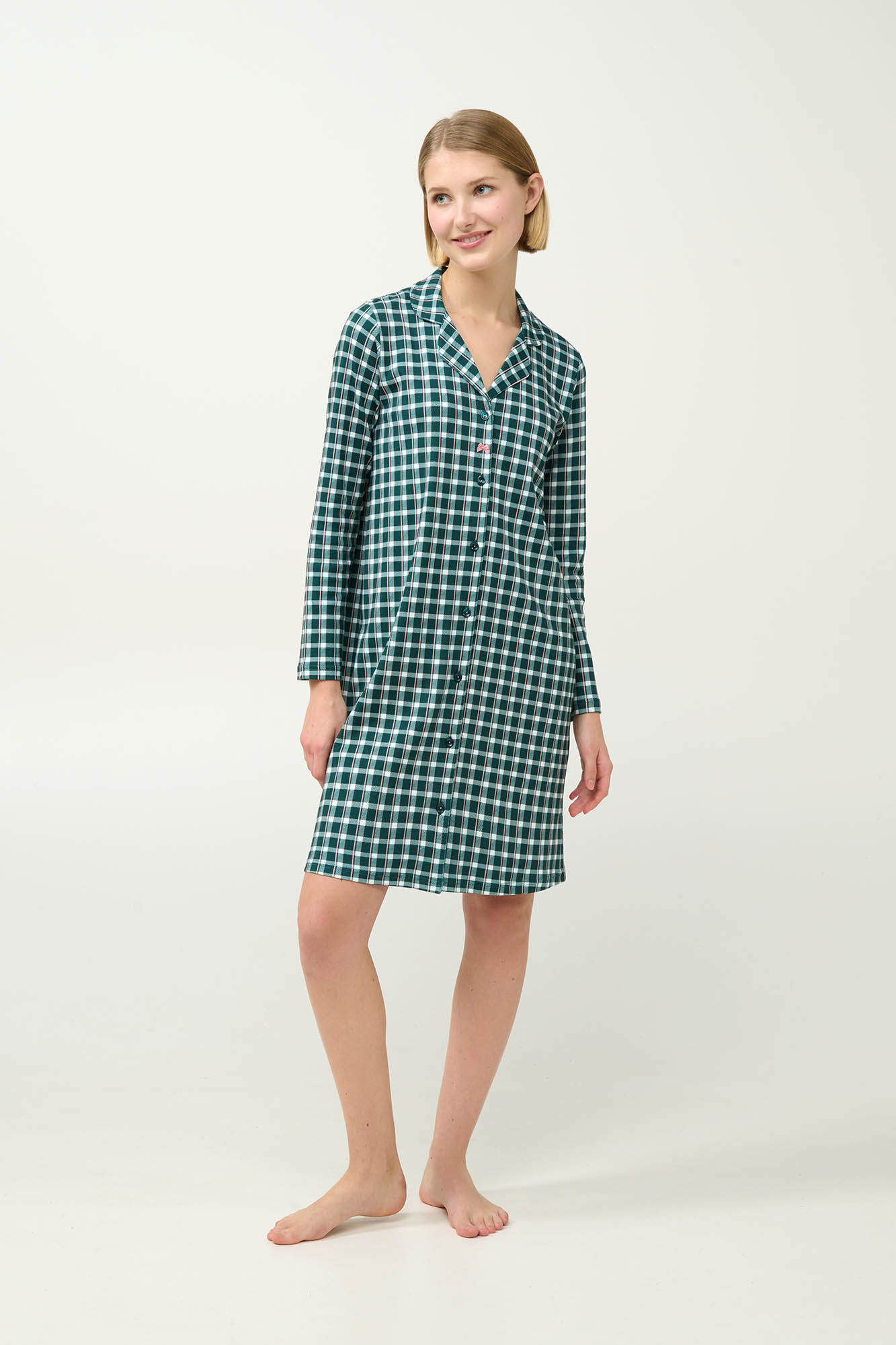 Βαμβακερό Καρό Νυχτικό με Κουμπιά