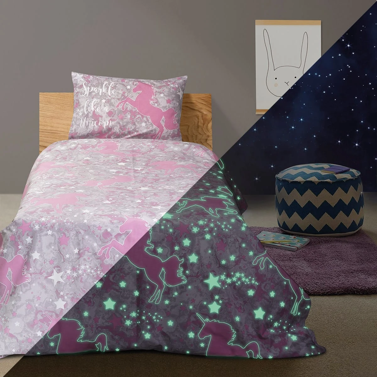 6177 Beauty Home Σεντόνι μονό φωσφοριζέ με μαξιλαροθήκη Centaur Art 6177 170x240 Γκρι