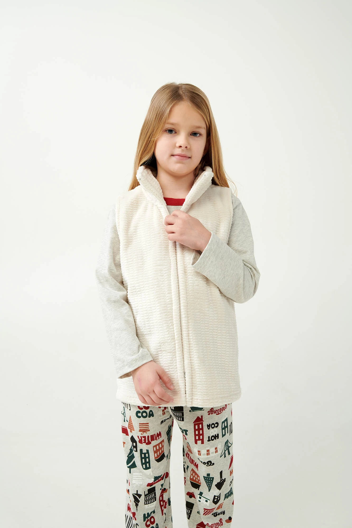 1_0175679034 Παιδικό Υπόλευκο Fleece Γιλέκο με Φερμουάρ