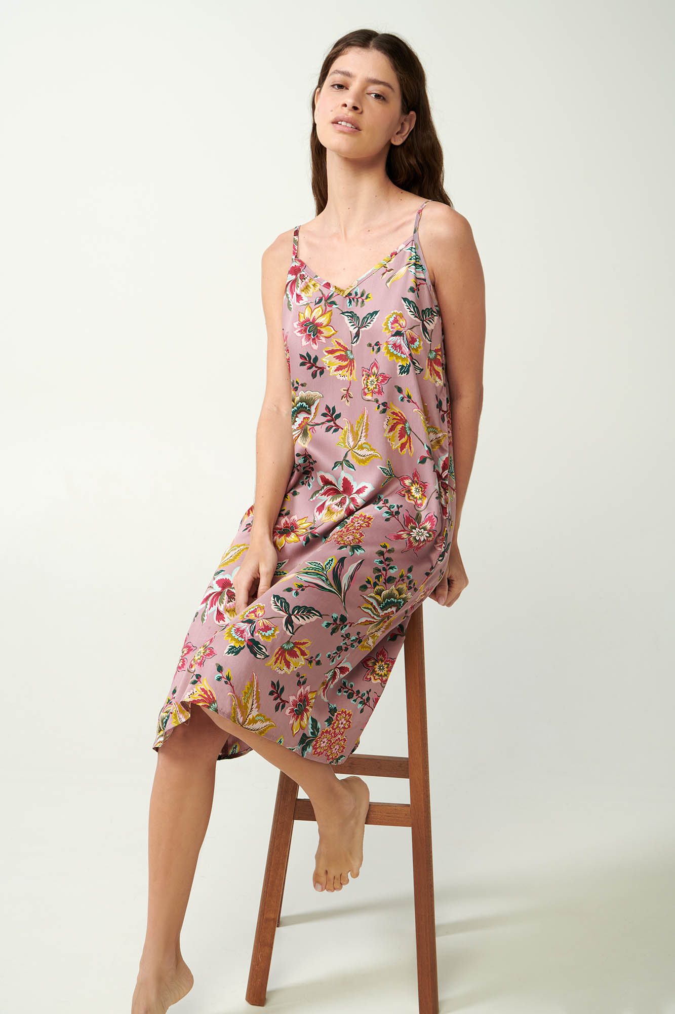 Φλοράλ Viscose Satin Νυχτικό με Τιράντες
