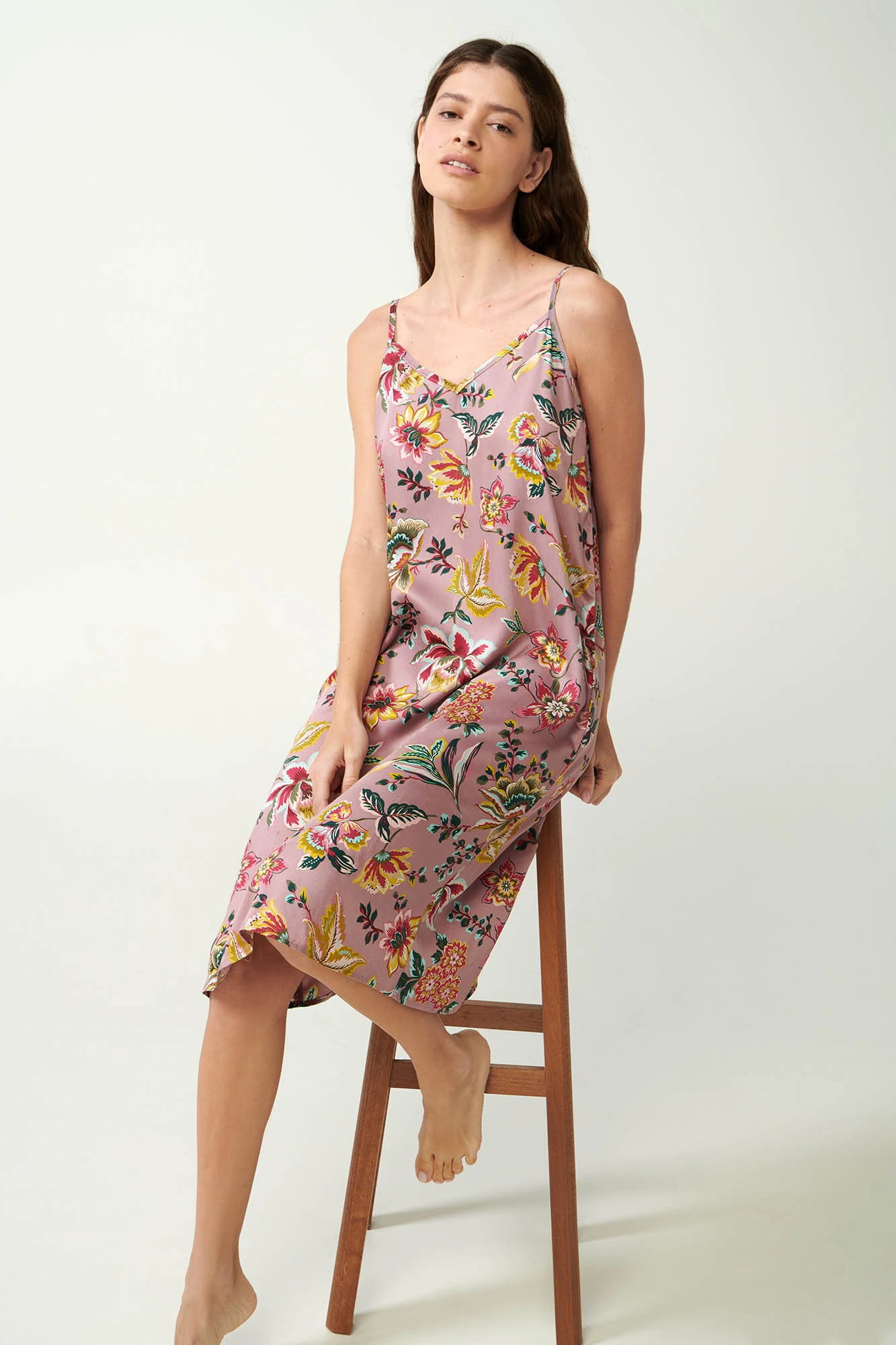 Φλοράλ Viscose Satin Νυχτικό με Τιράντες