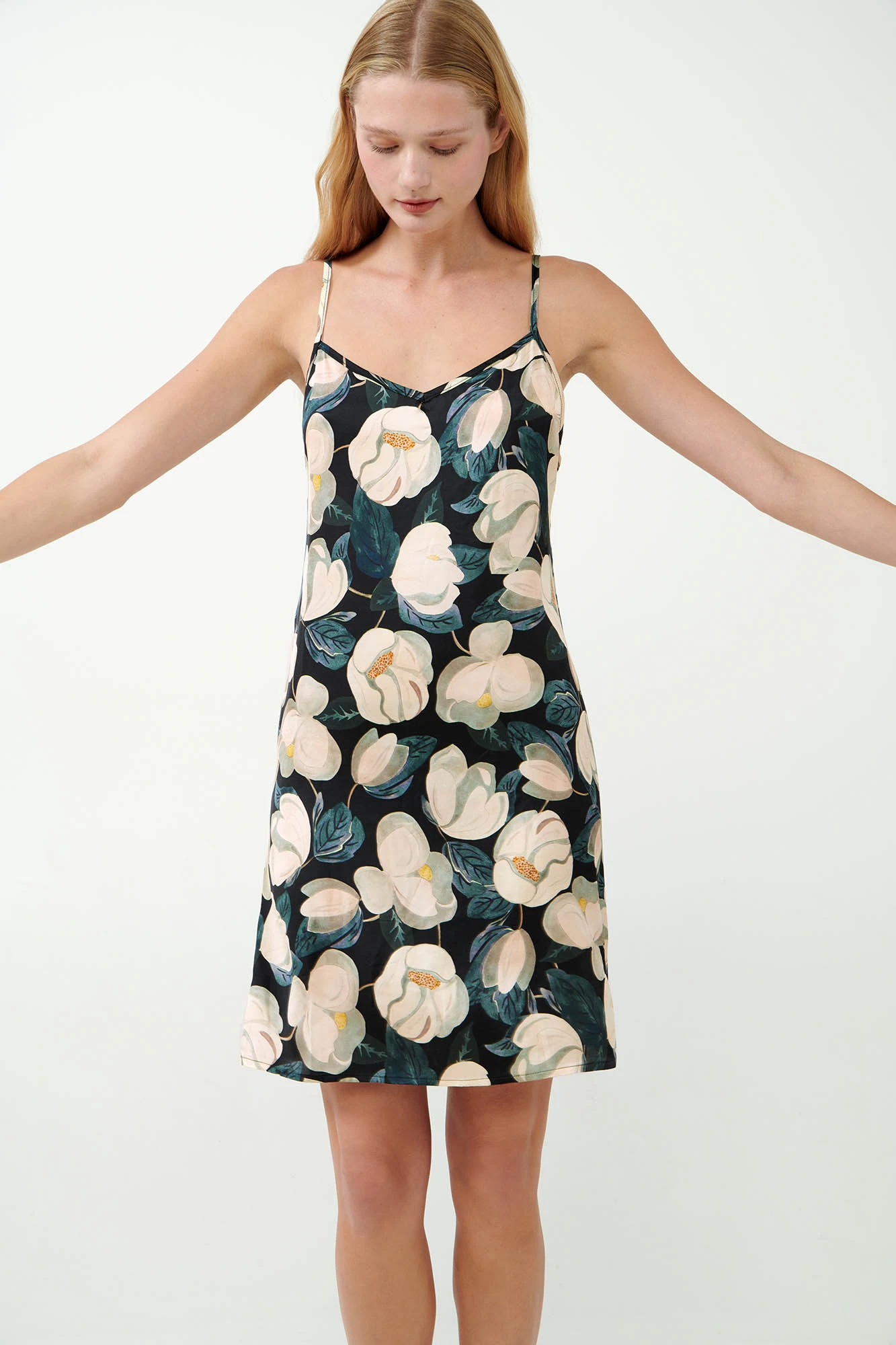 Φλοράλ Viscose Satin Νυχτικό με Τιράντες