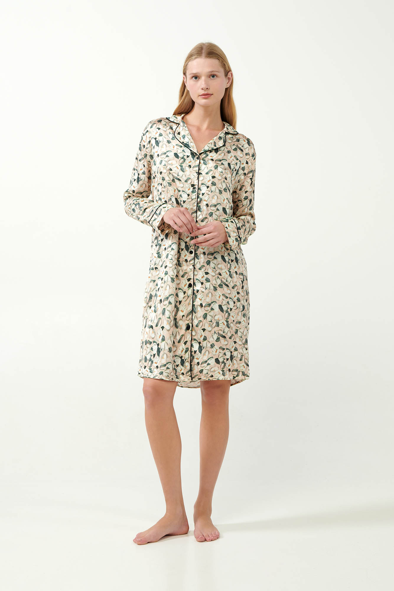 Viscose Satin Κουμπωτό Φλοράλ Νυχτικό