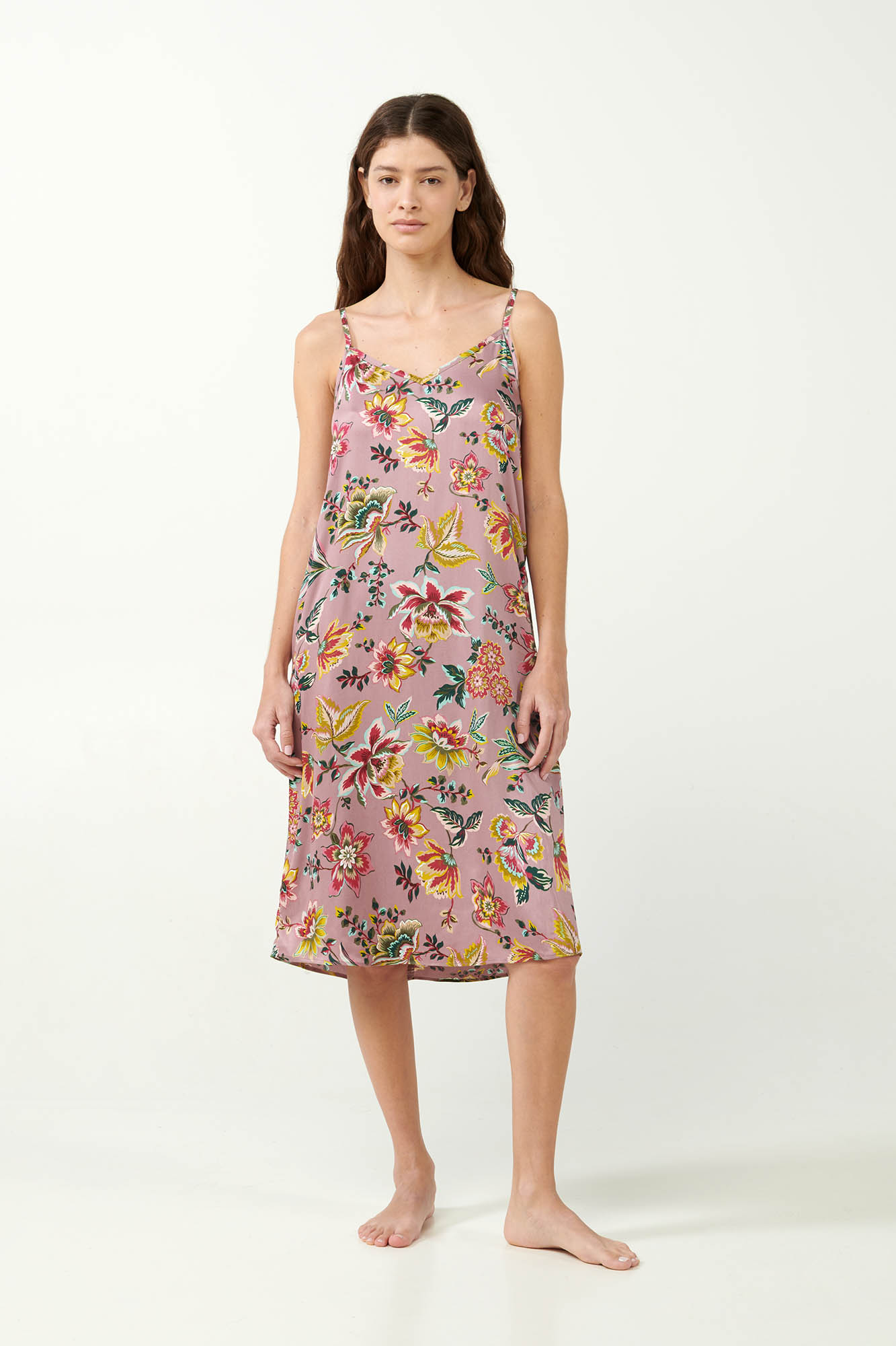 Φλοράλ Viscose Satin Νυχτικό με Τιράντες