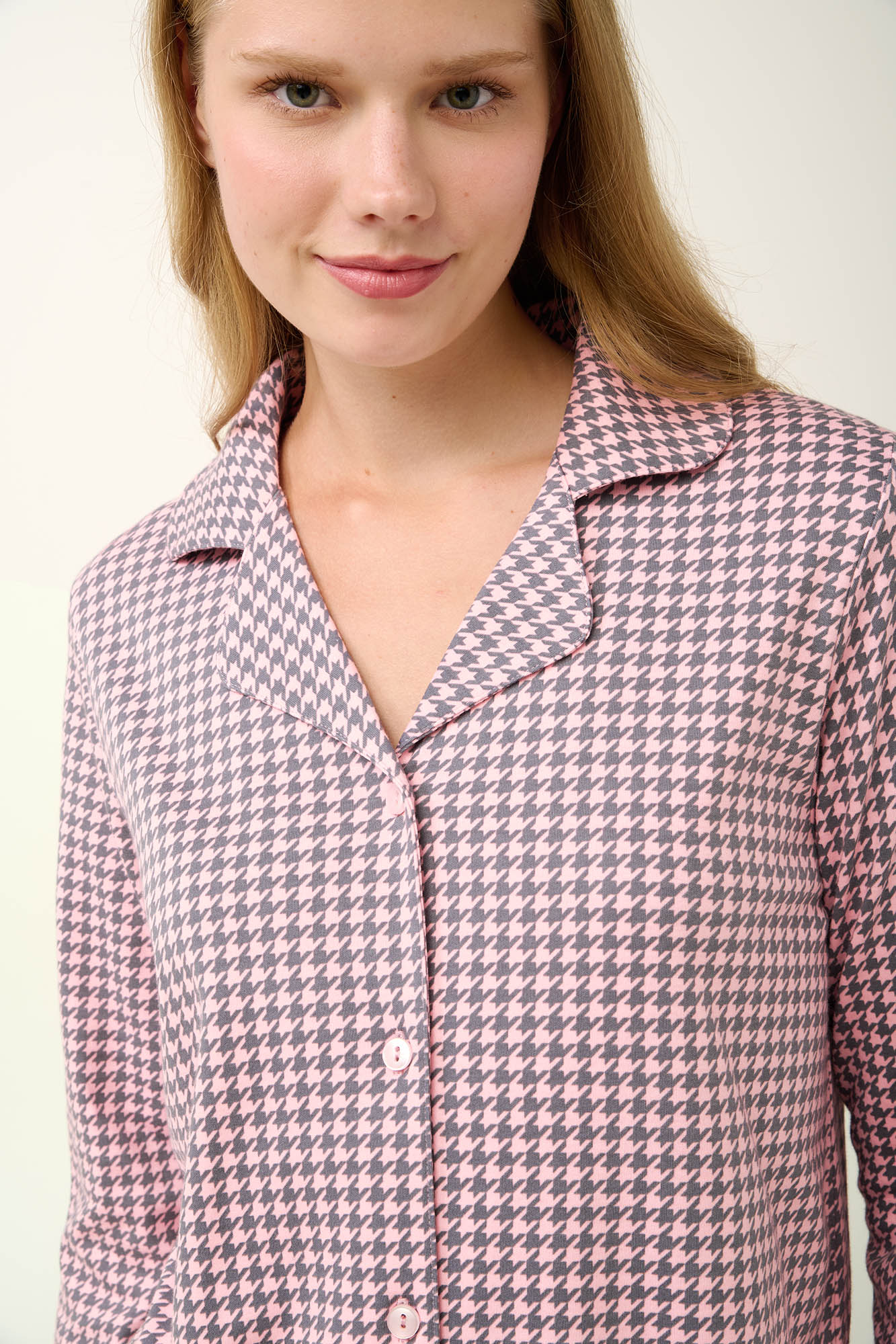 Interlock Κουμπωτή Πυτζάμα με Houndstooth Μοτίβο