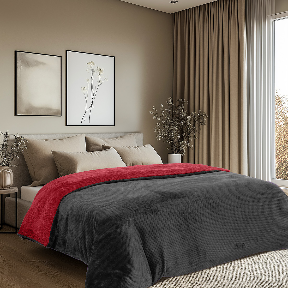 11602_Black_Red_2 Beauty Home Παπλωματοθήκη υπέρδιπλη διπλής όψεως Art 11602 Jacquard fleece 700gsm Fiesta Plus 220x240 Μαύρο,Κόκκινο
